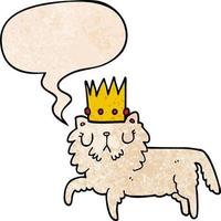 cartoon cat wearing crown and speech bubble in retro texture style vector