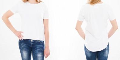 Front and back views of pretty woman, girl in stylish tshirt on white background. Mock up for design. Copy space. Template. Blank photo