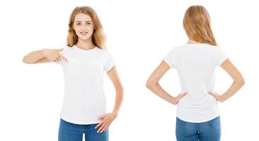 conjunto de camisetas, mujer con camiseta vacía aislada de fondo blanco, señalada en la camiseta foto