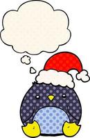 cute cartoon penguin wearing christmas hat and thought bubble in comic book style