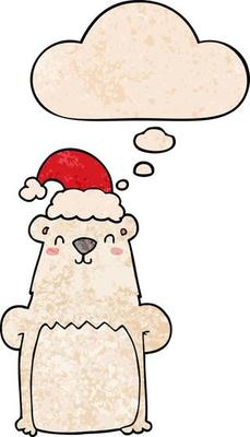 cartoon bear wearing christmas hat and thought bubble in grunge texture pattern style