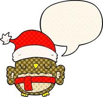 lindo búho navideño y burbuja de habla al estilo de un libro de historietas vector