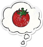 cartoon tomato and thought bubble as a distressed worn sticker vector