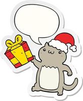 cute cartoon christmas cat and speech bubble sticker vector