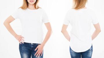 Front and back views of pretty woman, girl in stylish tshirt on white background. Mock up for design. Copy space. Template. Blank photo