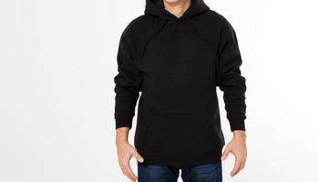 Man in black sweatshirt, black hoodies front isolated, mock up,copy space cropped image photo