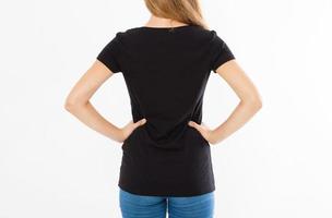 back rear view woman in black tshirt isolated, girl in t-shirt mock up, black T shirt. Midsection female tshirt on white background, girl in t-shirt mock up isolated photo