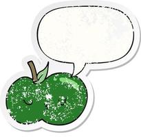 cartoon cute apple and speech bubble distressed sticker vector