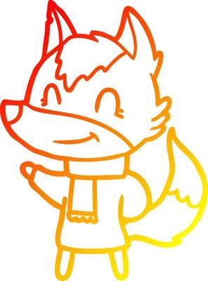 warm gradient line drawing friendly cartoon wolf in winter clothes