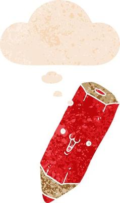 happy cartoon pencil and thought bubble in retro textured style
