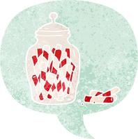 cartoon jar of candy and speech bubble in retro textured style vector