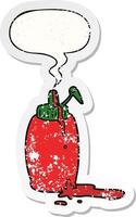 botella de ketchup de tomate de dibujos animados y pegatina angustiada de burbuja de habla vector