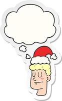 cartoon man wearing christmas hat and thought bubble as a printed sticker vector