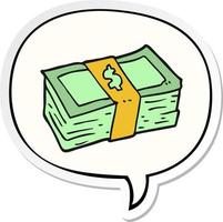 cartoon stack of cash and speech bubble sticker vector