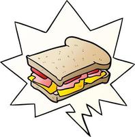 Sándwich de tomate con queso de jamón de dibujos animados y burbuja de habla en un estilo de gradiente suave vector