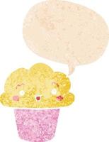 cupcake de dibujos animados con la cara y la burbuja del habla en estilo retro texturizado vector