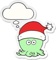 pulpo de dibujos animados con sombrero de navidad y burbuja de pensamiento como pegatina impresa vector
