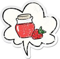 cartoon jar of strawberry jam and speech bubble distressed sticker vector