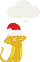 cute cartoon cat wearing christmas hat and thought bubble in retro style vector