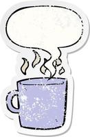 caricatura, taza caliente, de, café, y, burbuja del discurso, pegatina angustiada vector