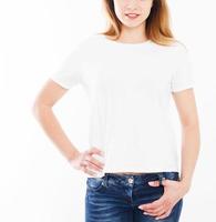 cropped portrait woman in white t-shirt isolation on white background, blank,copy space photo