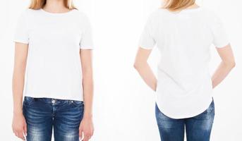 Front and back views of pretty woman, girl in tshirt on white background. Collage or set. Mock up for design. Copy space. Template. Blank photo