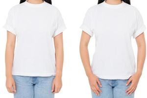 cropped image two asian woman set in t-shirt isolated on white,korean girl in white tshirt,blank,copy space photo