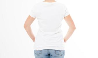 Back view - woman in white t-shirt isolated mock up, copy space, empty tshirt. Girl in t shirt. photo