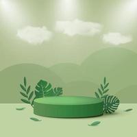 Green round podium with leaves around it for product placement, branding and packaging presentation. Minimal display podium mock-up template for product advertisement with tropical monstera plants.