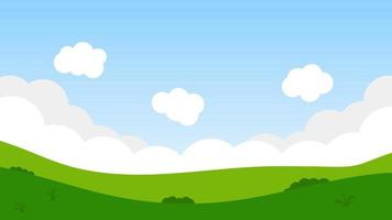 landscape cartoon scene with green trees on hills and white fluffy cloud in summer blue sky background vector