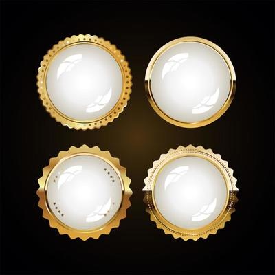 Gold and white collection of various badges and labels