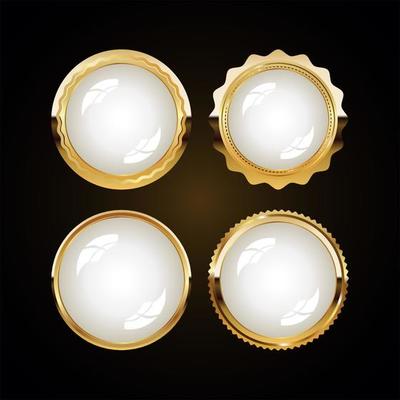 Gold and white collection of various badges and labels