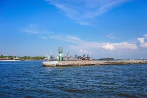 Seascape with coastline and ships. photo