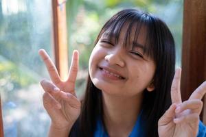 Portrait close up face young girl, asian girl. photo