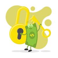 Cute Money Holds A Key and Has A Padlock Behind It. Suitable for Illustration of Saving Money vector