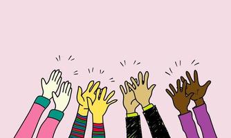 hand drawn colorful of hands clapping ovation. applause, thumbs up gesture on doodle hands up. vector illustration