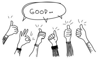 doodle hands up set. thumbs up hand drawn with speech bubble. isolated on white background. vector