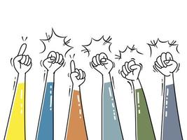 hand drawn of doodle hands up. fist hand, protest symbol, power sign. isolated on white background. vector illustration