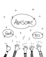 doodle hands up set. hands clapping. applause, thumbs up gesture. hand drawn with speech bubble. isolated on white background. vector illustrat