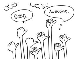 doodle hands up set. thumbs up hand drawn with speech bubble. isolated on white background. vector illustration