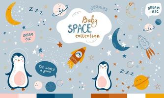 Baby cosmic collection. Hand drawn set of vector illustrations with astronauts, rockets, stars and planets. Good for baby nursery decor, baby shower, posters, kids clothes, books, textile.