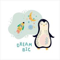 Vector cartoon illustration in simple hand drawn Scandinavian style. Funny composition with penguin character, stars, rocket, planet and moon. Good for baby nursery, clothes, baby shower, posters.