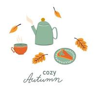 tema de comida y bebida de otoño. ilustración vectorial con una rebanada de pastel de calabaza en un plato, una taza y una tetera. acogedoras letras de otoño. ilustración dibujada a mano colorida aislada en blanco. vector