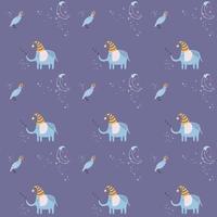 Pattern with cute sleeping elephant, bird and moon. Hand drawn vector characters in simple scandinavian style. Good night. Ideal kids design, for fabric, textile, wrapping, baby shower, pajamas.