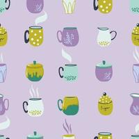 Vector seamless pattern with ceramic cups. Flat style colorful illustrations on purple background. Kitchen theme. Textile or paper repeating print.