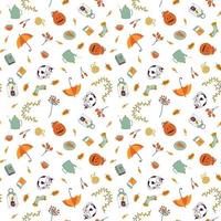 Vector seamless pattern with falling leaves, cat, candle, socks, umbrella, pumpkin and other. Hello Autumn. Hand drawn flat illustration. Cute and cozy fall background.