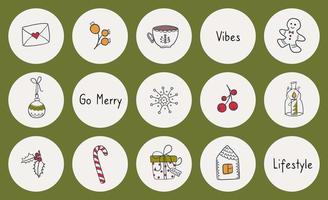 pictogramas vectoriales. portada de lo más destacado de las redes sociales. tema de navidad lindos iconos de vacaciones para restaurante, café, blogueros. vector