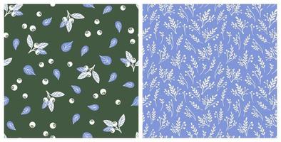 conjunto de patrones vectoriales sin fisuras con hierbas, bayas y flores. fondos retro botánicos. ilustraciones vectoriales dibujadas a mano para papel, tela, diseño. vector