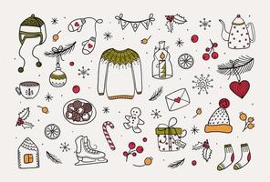 Christmas collection of decorative winter elements. Big set with hand drawn seasonal objects. Vector illustration in doodle style.