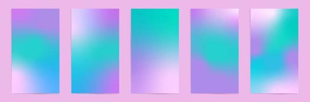 Holographic vertical stories, cover templates design set for social media posts and stories banners. Blurry abstract backgrounds. Vector geometric covers with gradient mesh in 90s, 80s retro style.